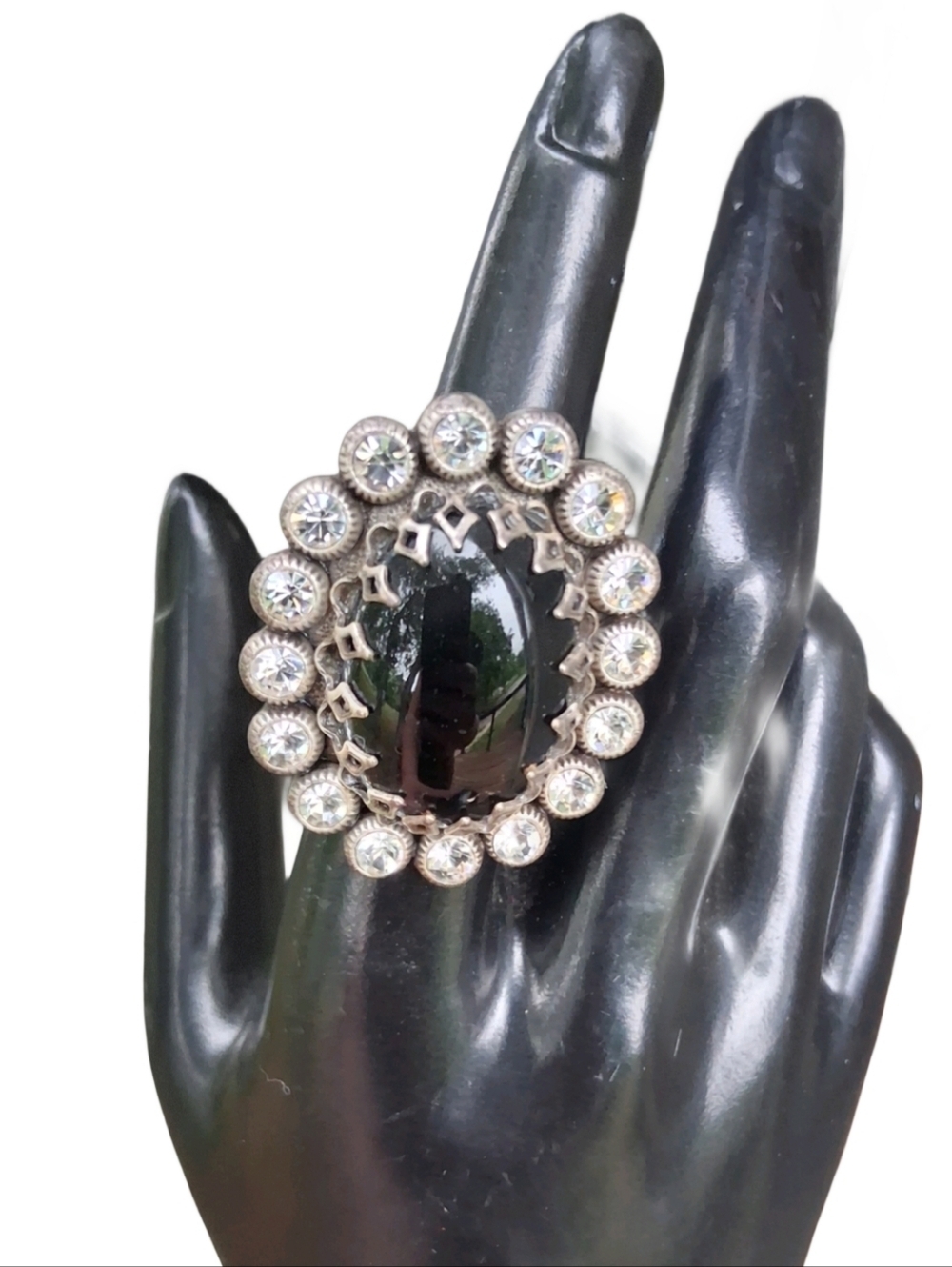 Ollipop USA Black Cabochon & Crystal Halo Statement Ring - Size 8